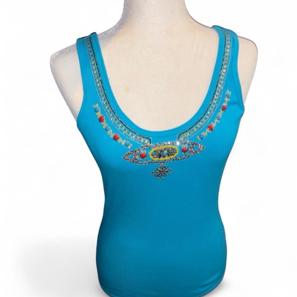 Laundry By Shelli Segal Beaded Turquoise Embellished Scoop Neck Tank